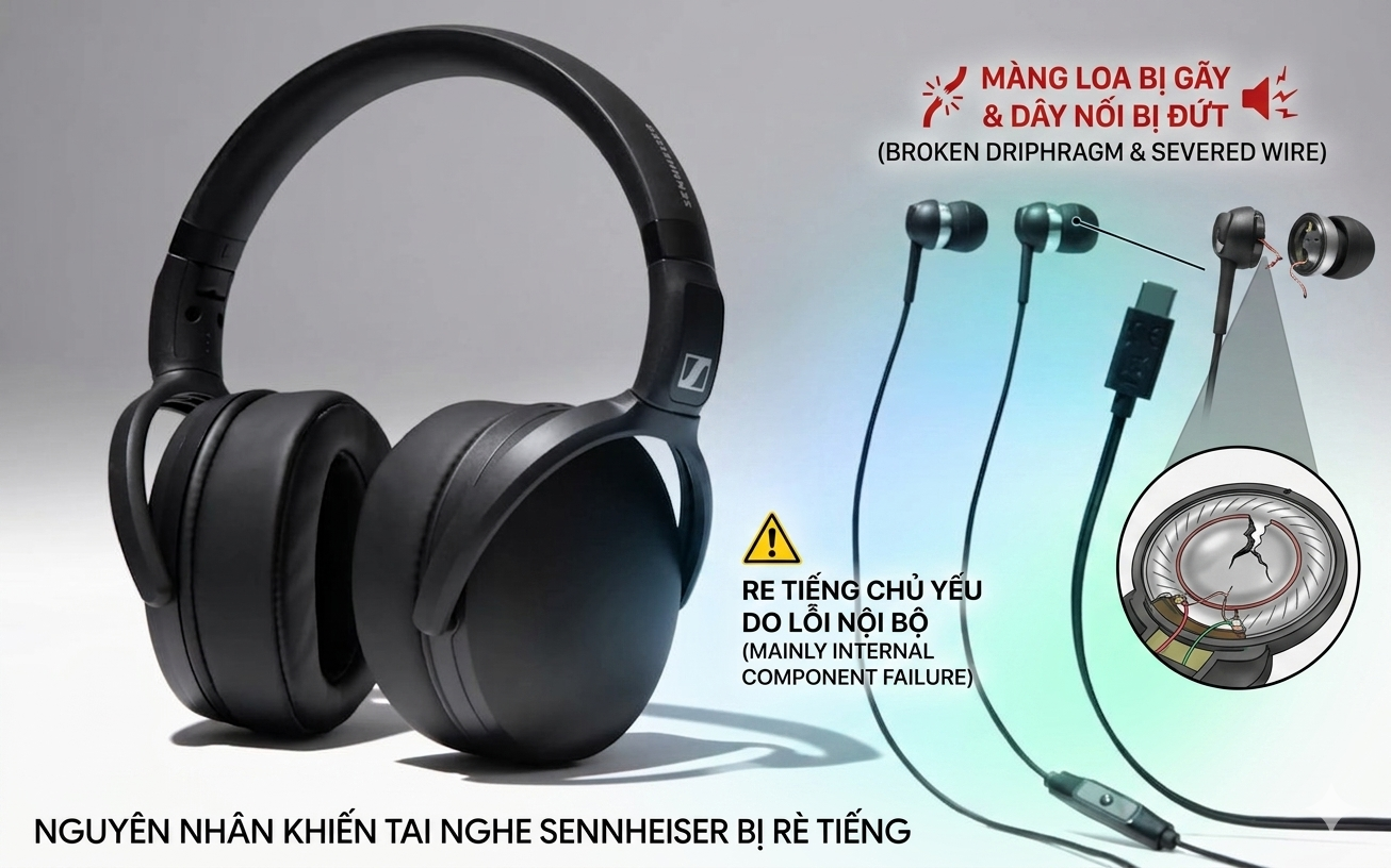 Sơ đồ phân tích màng loa bị gãy và dây nối bị đứt gây ra lỗi rè tiếng trên tai nghe chụp tai và tai nghe in-ear Sennheiser