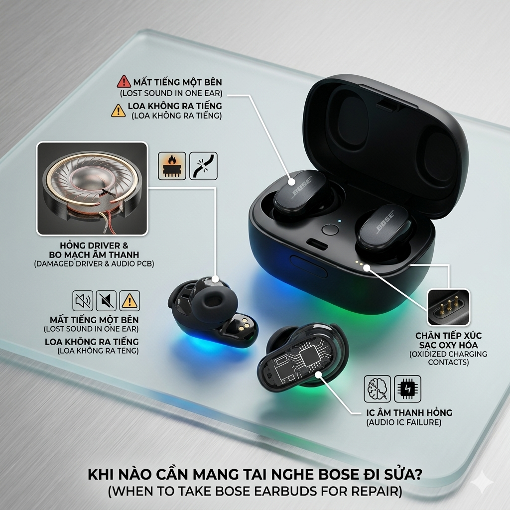 Sơ đồ chẩn đoán lỗi bo mạch và hướng dẫn các bước tự sửa tai nghe Bose bị mất tiếng một bên tại nhà