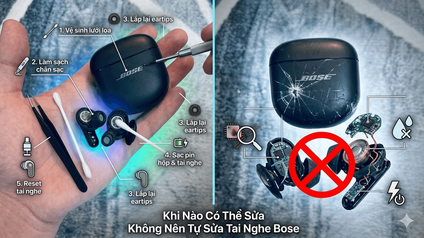 Sơ đồ minh họa các lỗi nhẹ trên tai nghe Bose có thể tự khắc phục tại nhà bằng dụng cụ đơn giản. Hướng dẫn các bước tự vệ sinh lưới loa, chân sạc và reset tai nghe Bose bị mất tiếng tại nhà