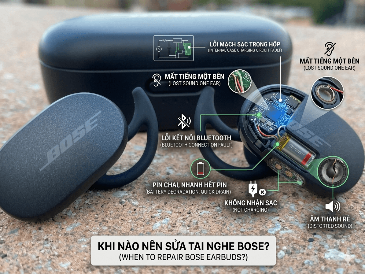 Sơ đồ các lỗi phổ biến nên sửa trên tai nghe Bose như chai pin, mất tiếng một bên, lỗi sạc và rè âm thanh