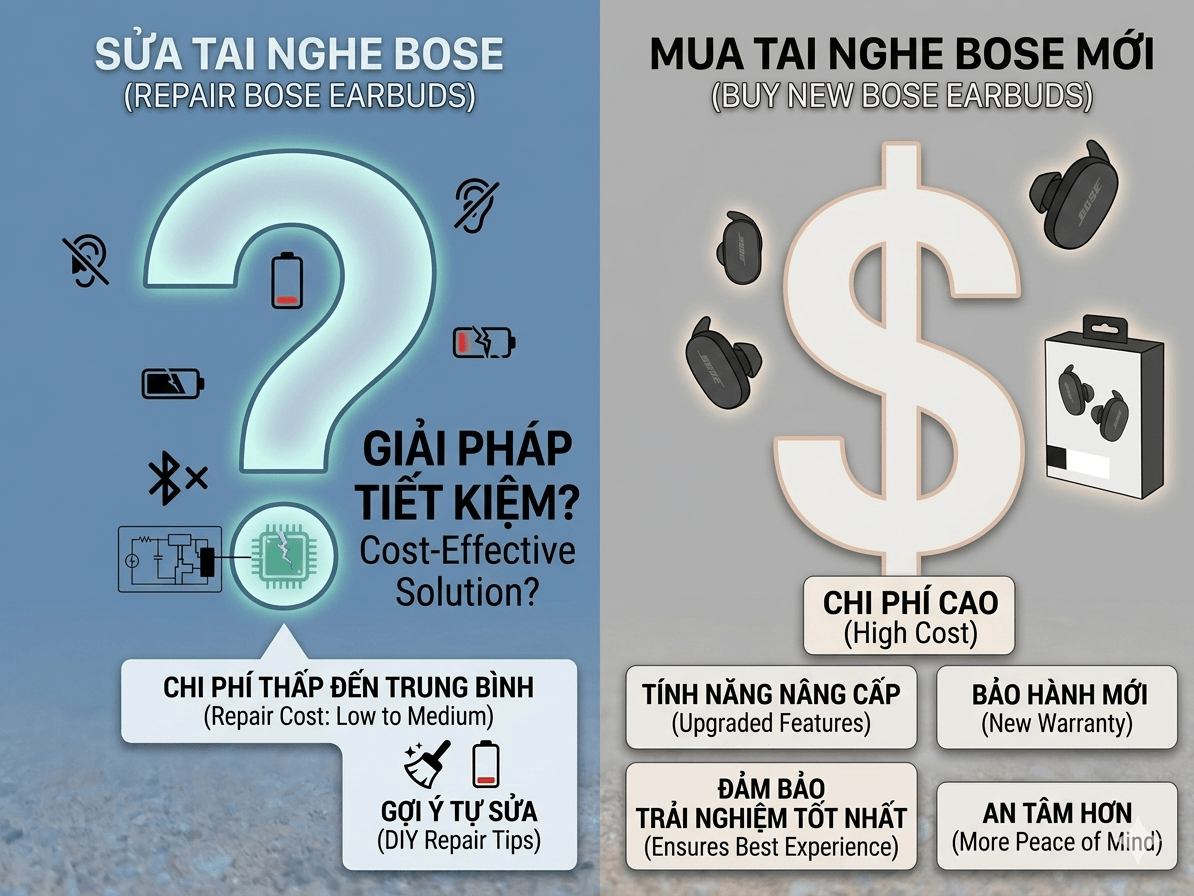 Bảng so sánh lựa chọn giữa sửa chữa tai nghe Bose tiết kiệm chi phí hay mua mới với chi phí cao