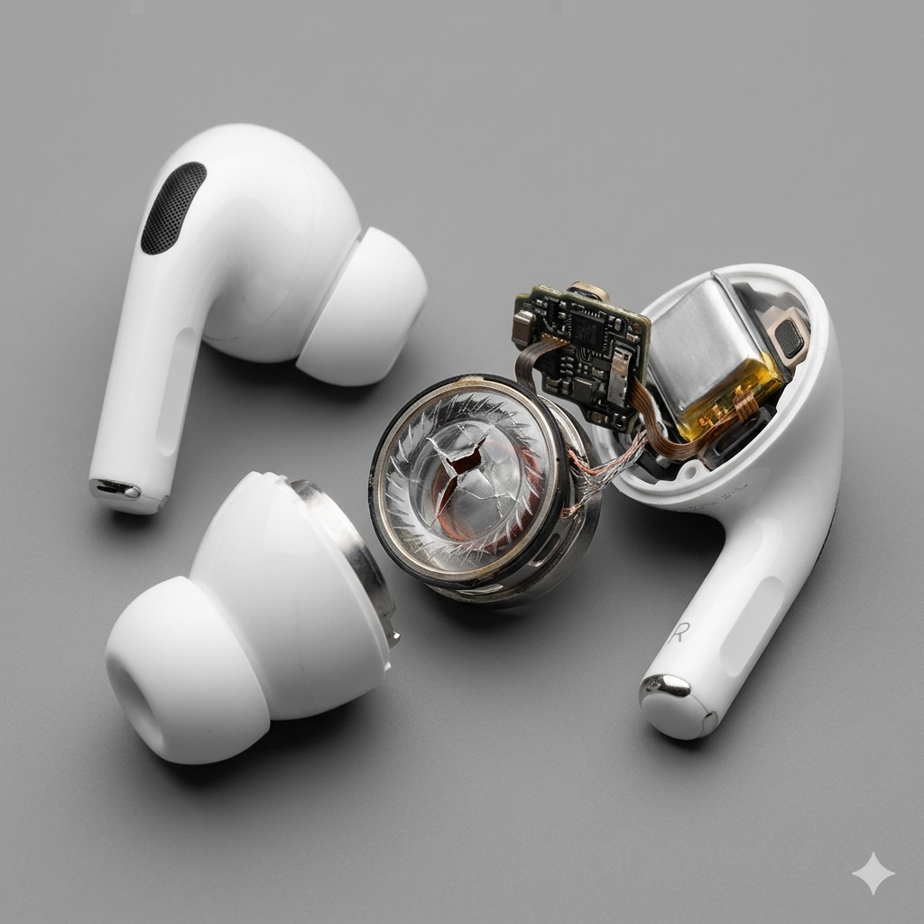 Hình ảnh linh kiện cấu tạo bên trong tai nghe bị nứt rách màng loa và giải đáp có sửa tai nghe bluetooth được không